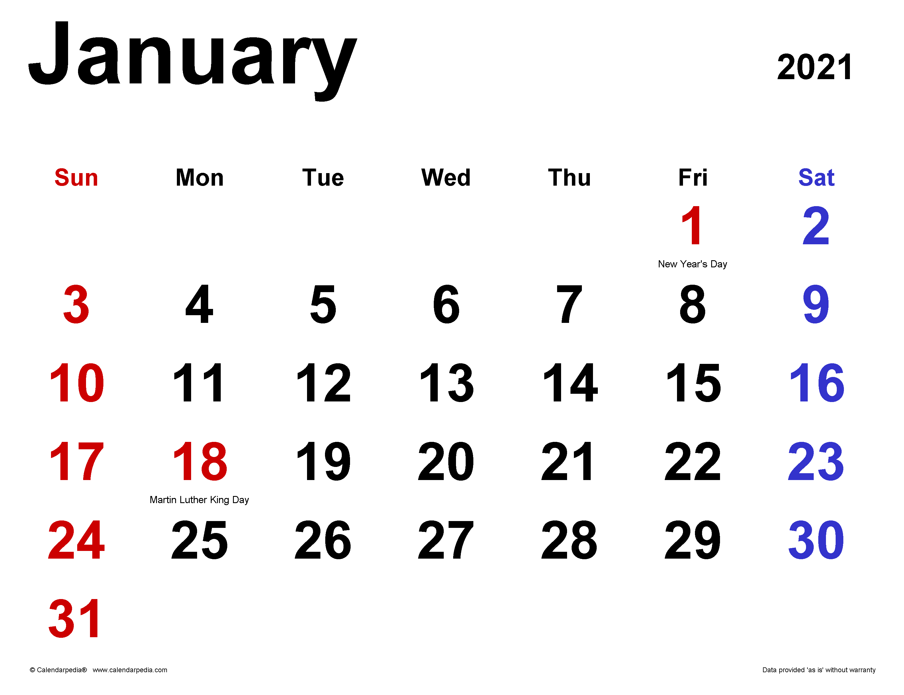 Jan 2021 Calendar - PDF, Word, Excel