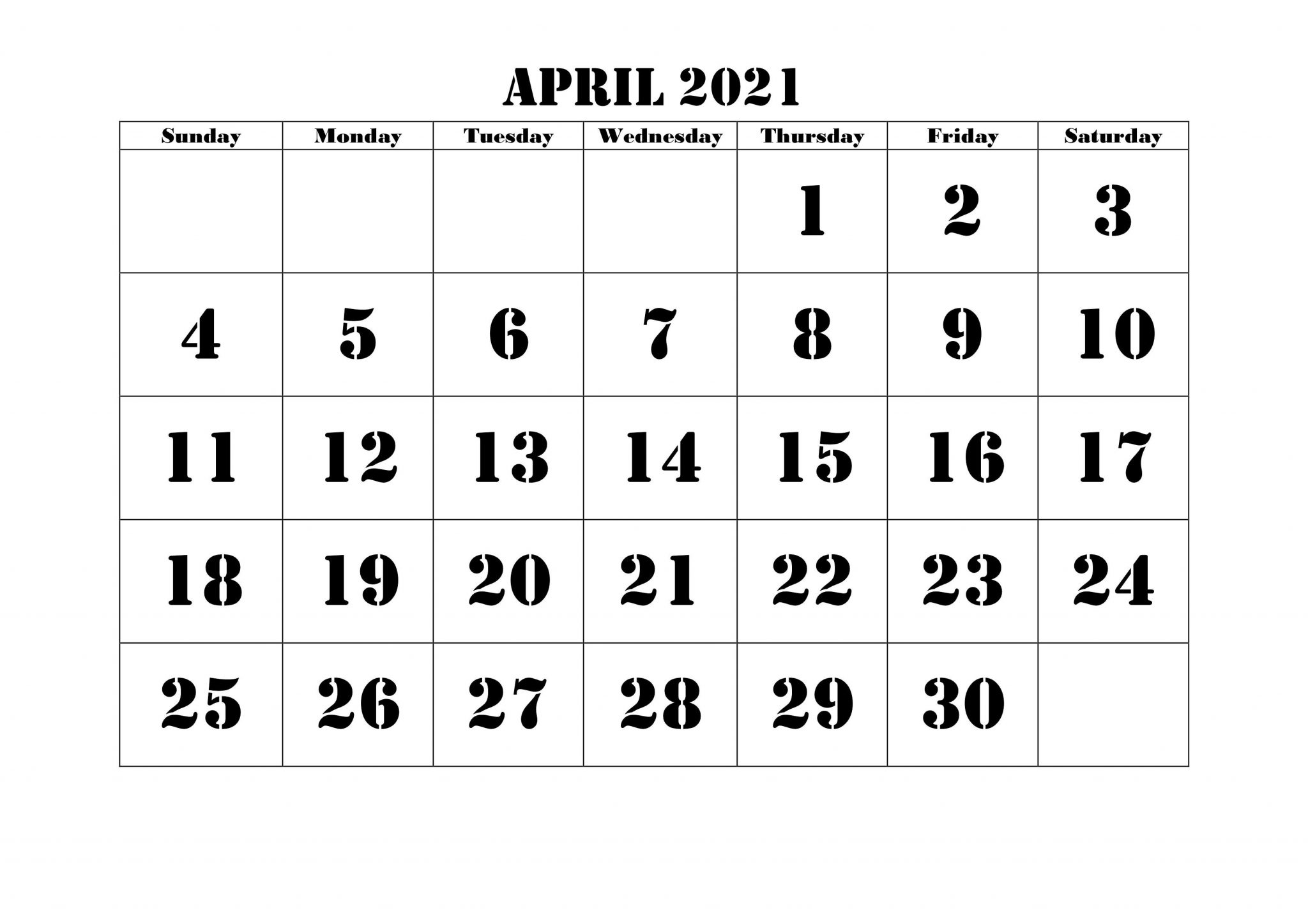 Calendar 2021 April Month