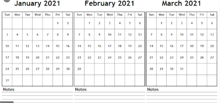 2021 January February March Calendar