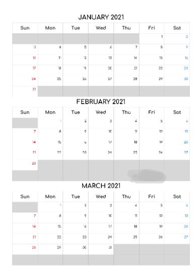 January February March Calendar 2021