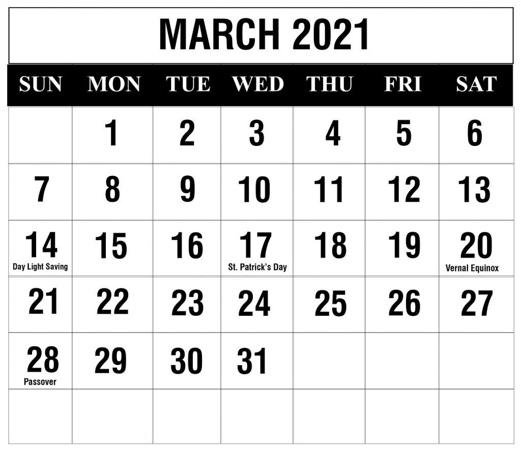 March 2021 Holidays Calendar