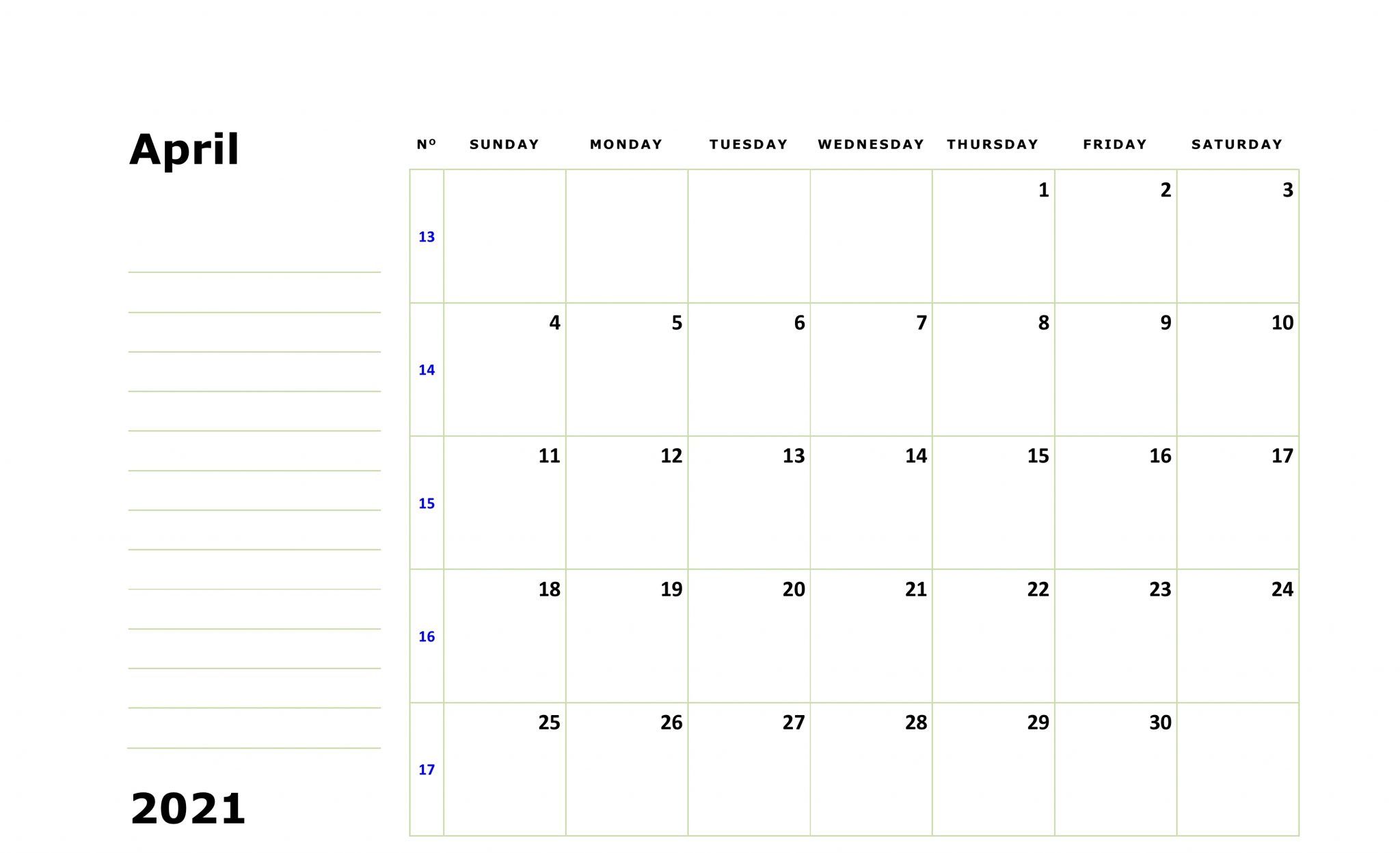 April 2021 Fillable Calendar Notes