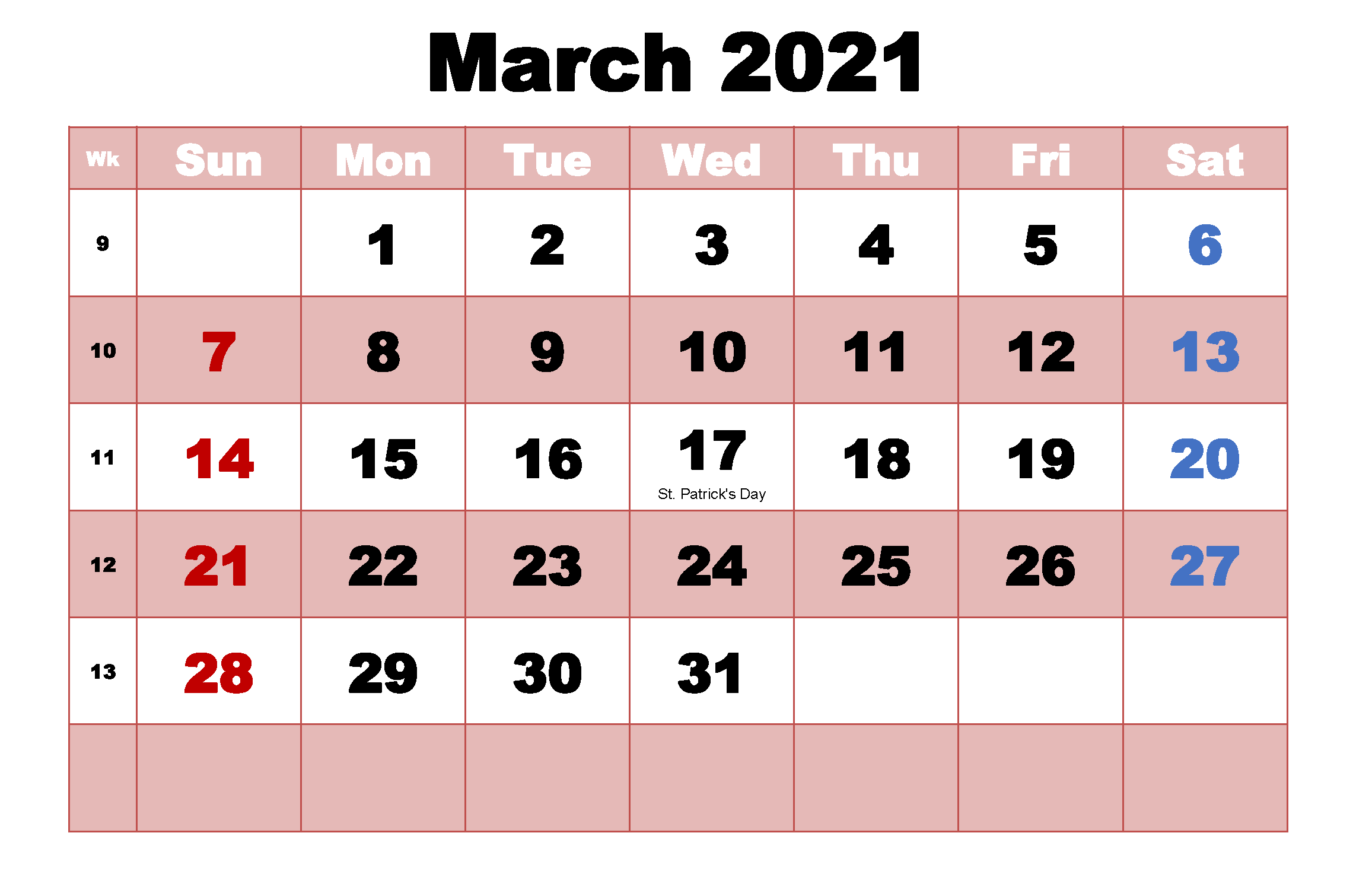 March 2021 Editable Calendar