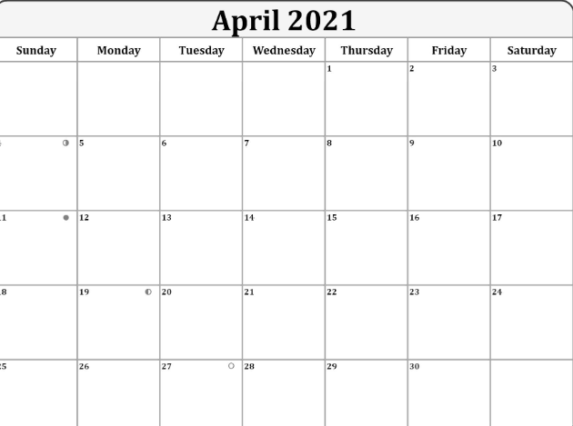 April 2021 Calendar Moon