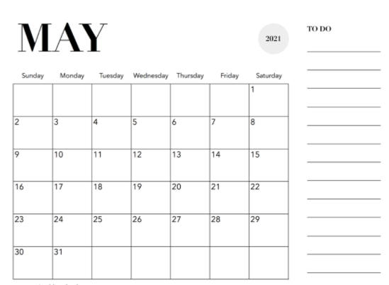 Fillable Calendar May 2021 with Large Space