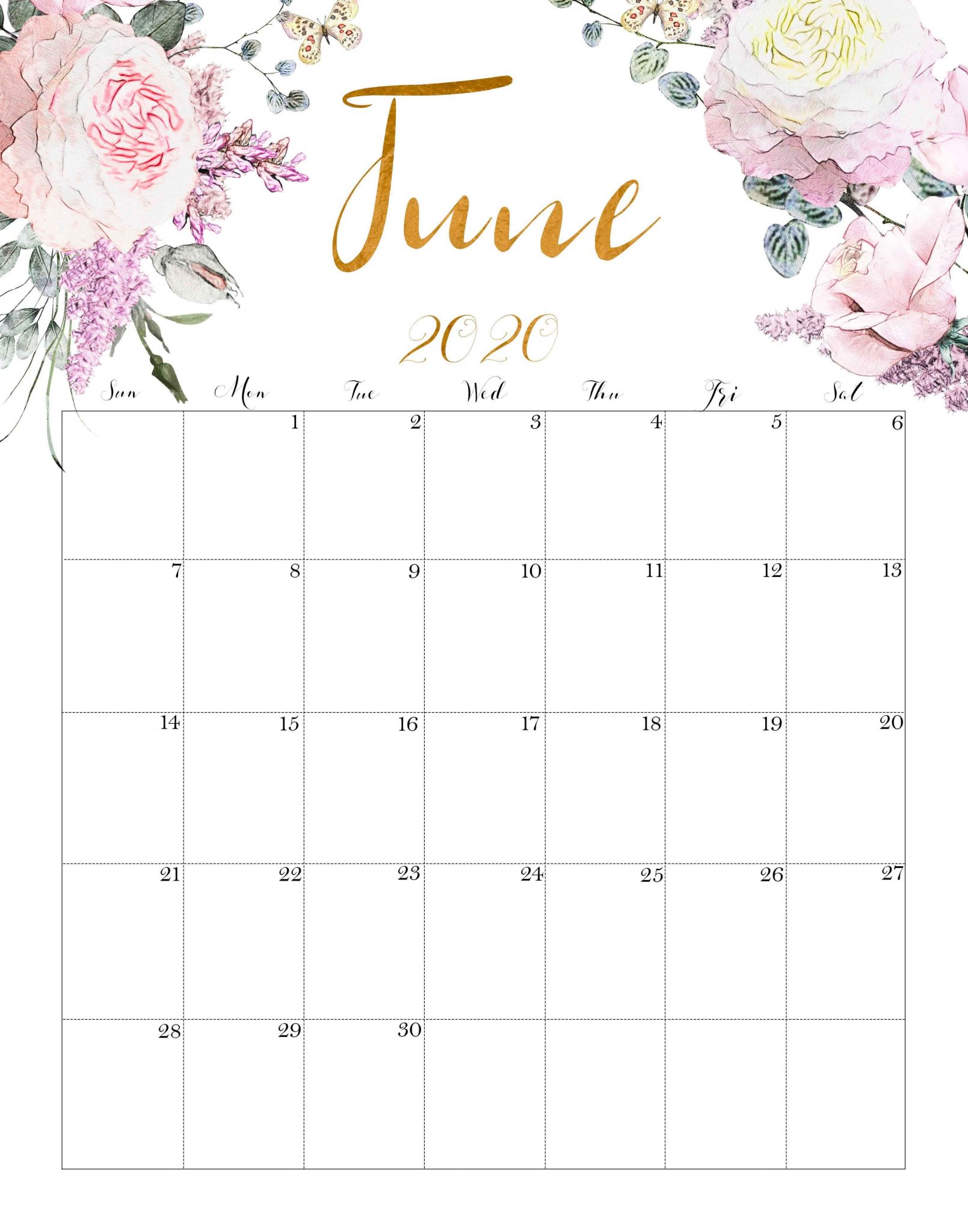 Cute June Calendar 2020 Printable Template