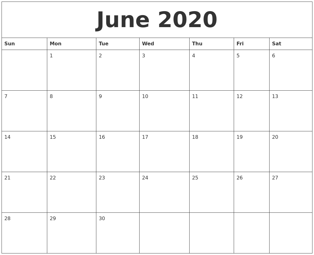 June 2020 Calendar Printable PDF