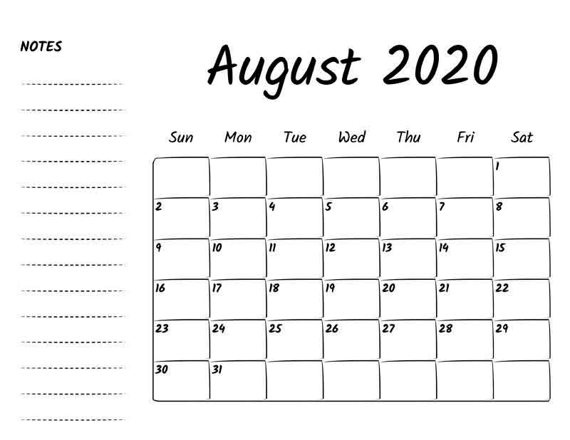 August 2020 Blank Calendar