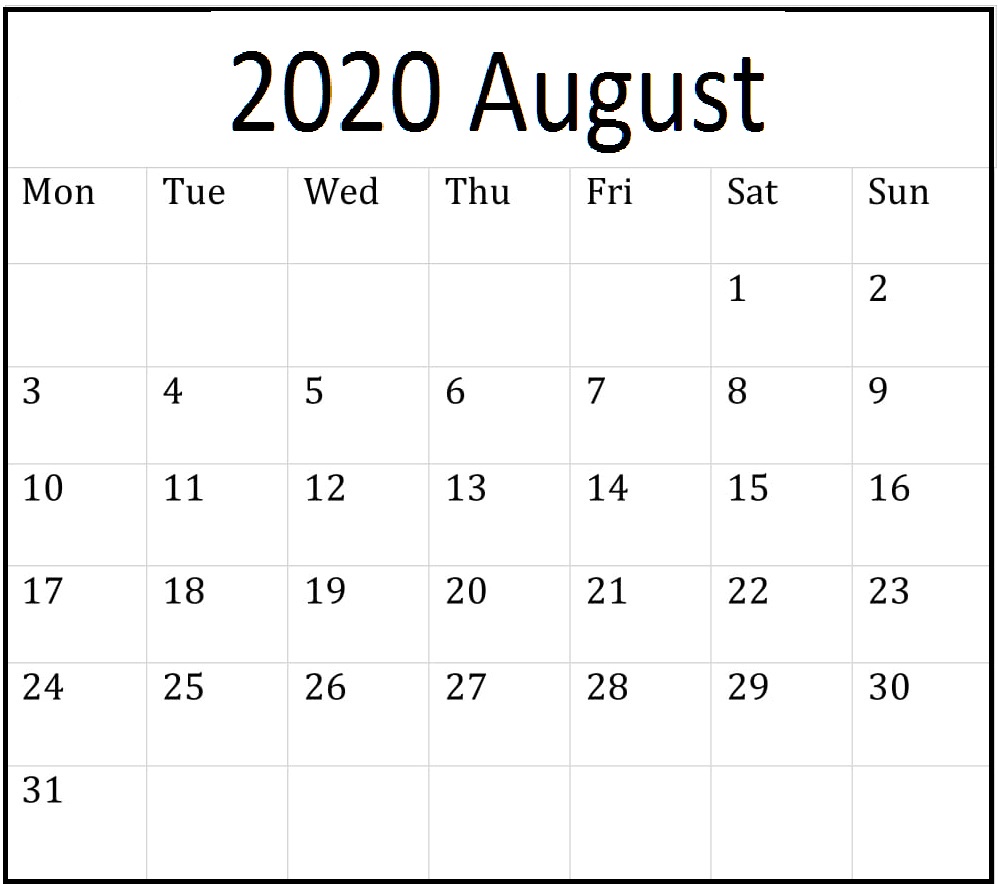 August 2020 Calendar Blank