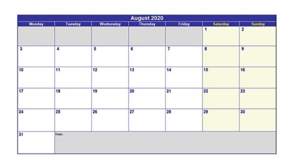 August 2020 Calendar Excel
