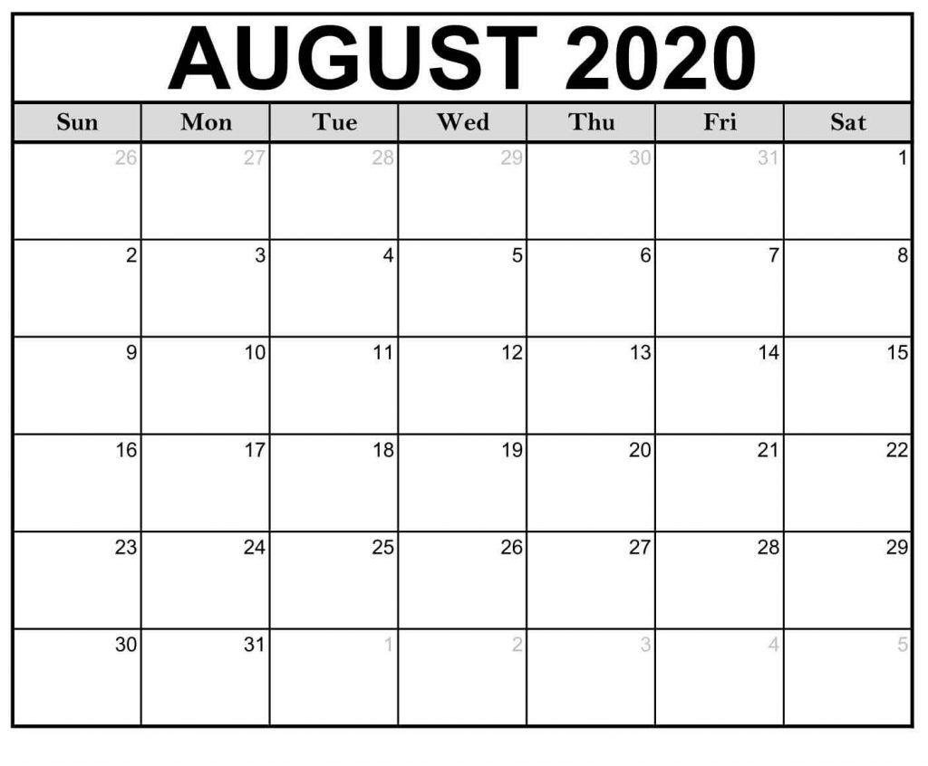 August Month Calendar 2020