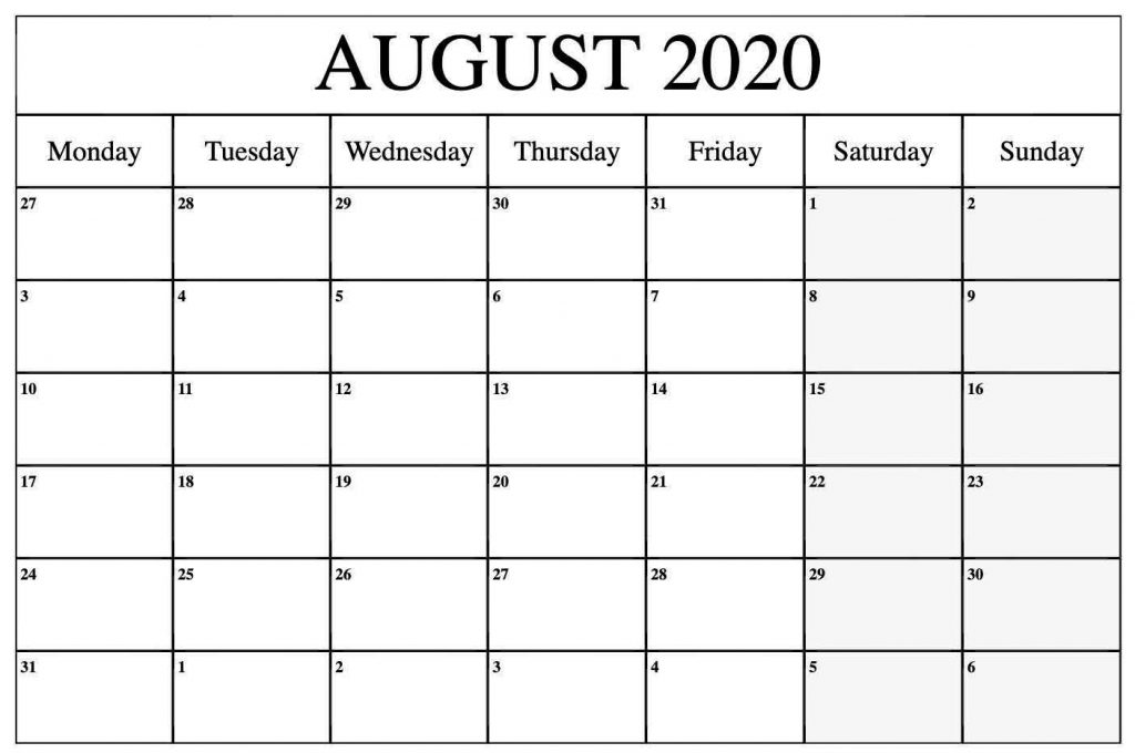Editable August 2020 Calendar