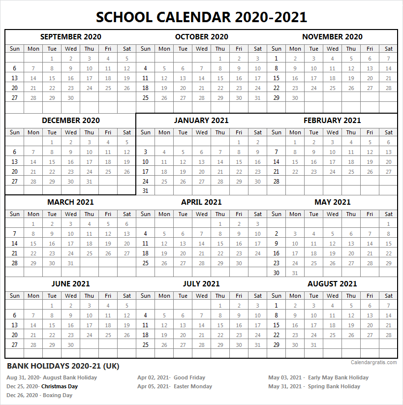 2020-21 School Calendar Bank Holidays