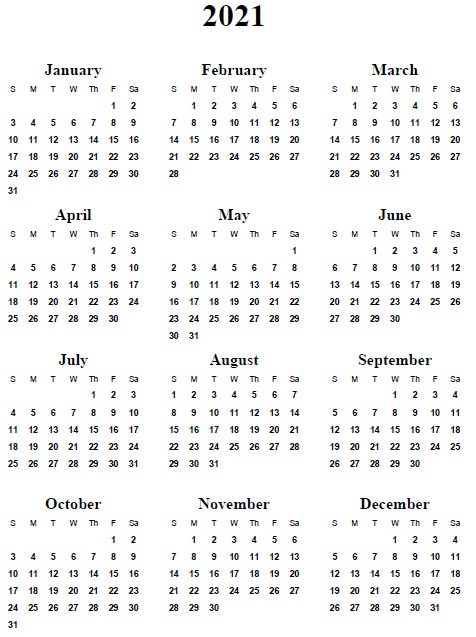 2021 Calendar Vertical (Portrait)