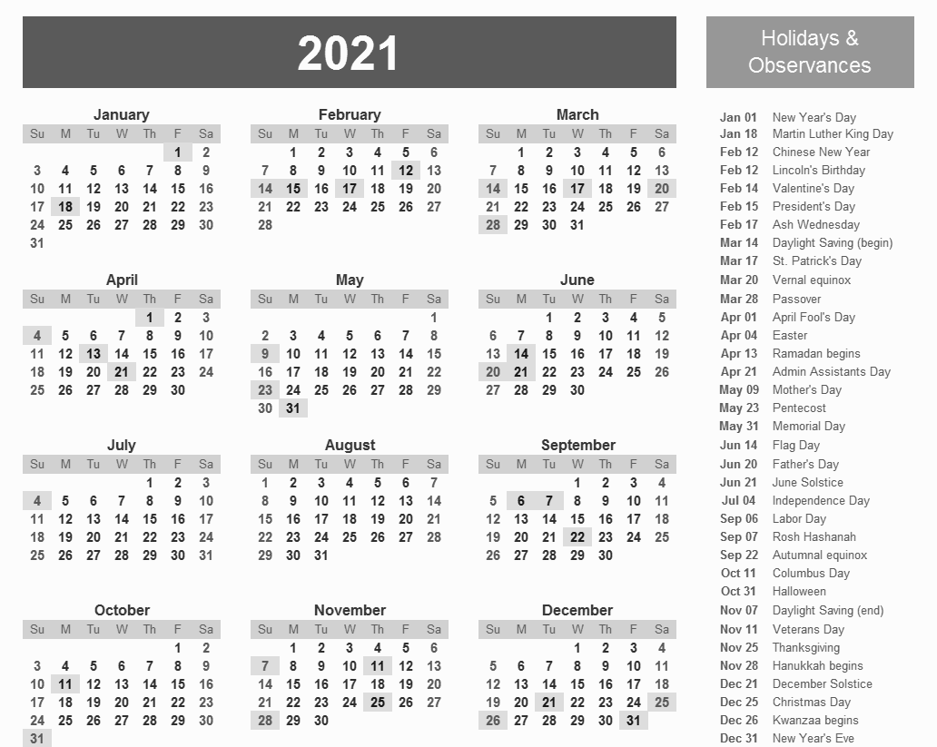 2021 Calendar with Holidays