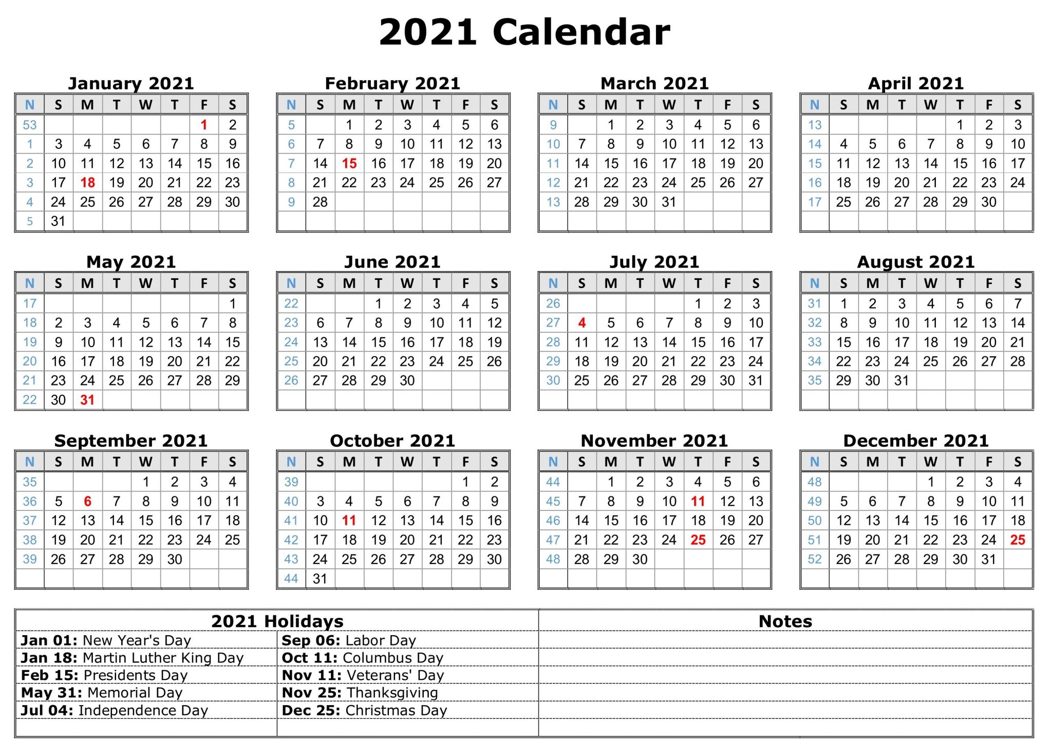 2021 Printable Calendar with Holidays