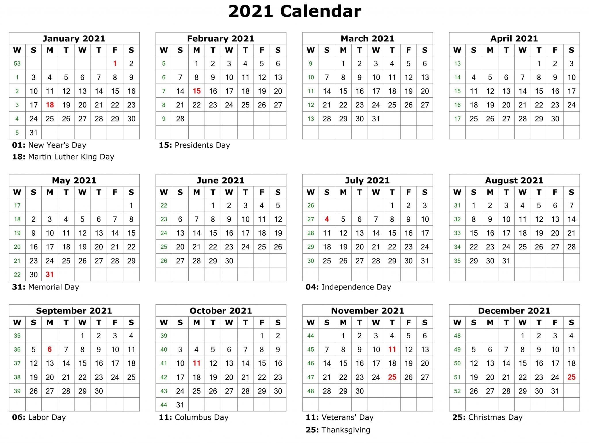 2021 Year Calendar Holidays