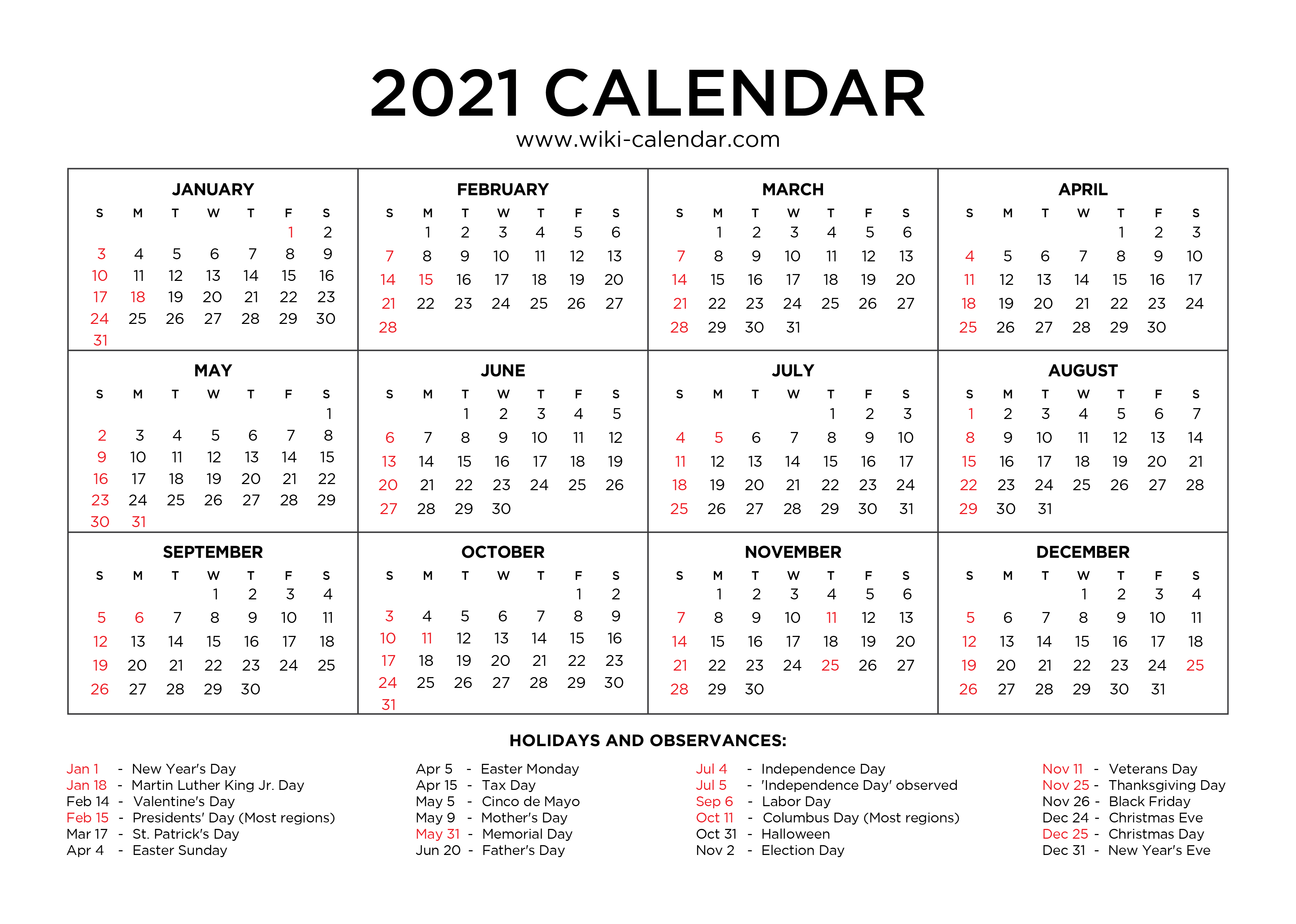 Free Printable Yearly 2021 Calendar
