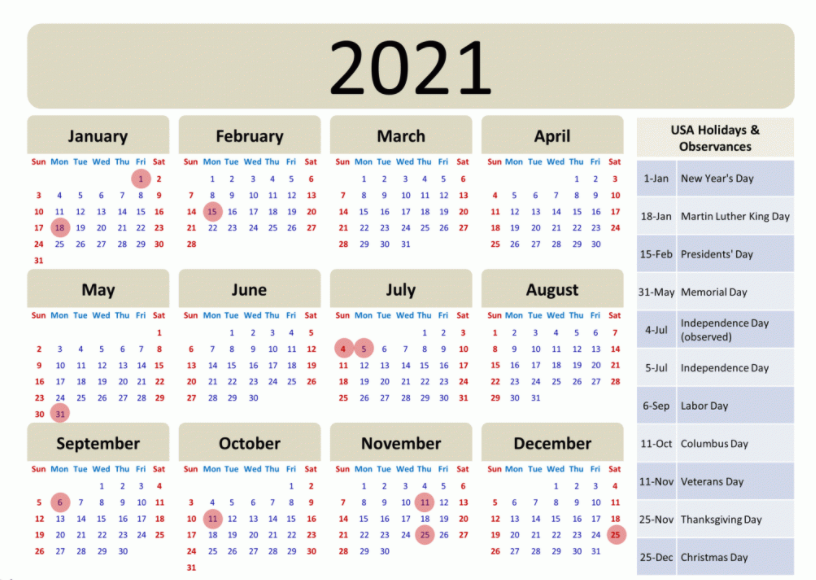 2021 USA Holidays List