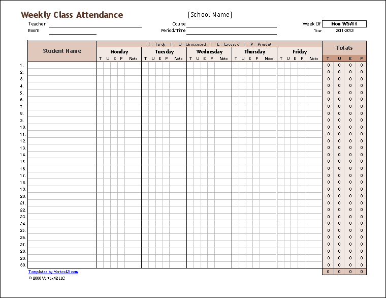 Weekly Class Attendance Record sheet for school kids