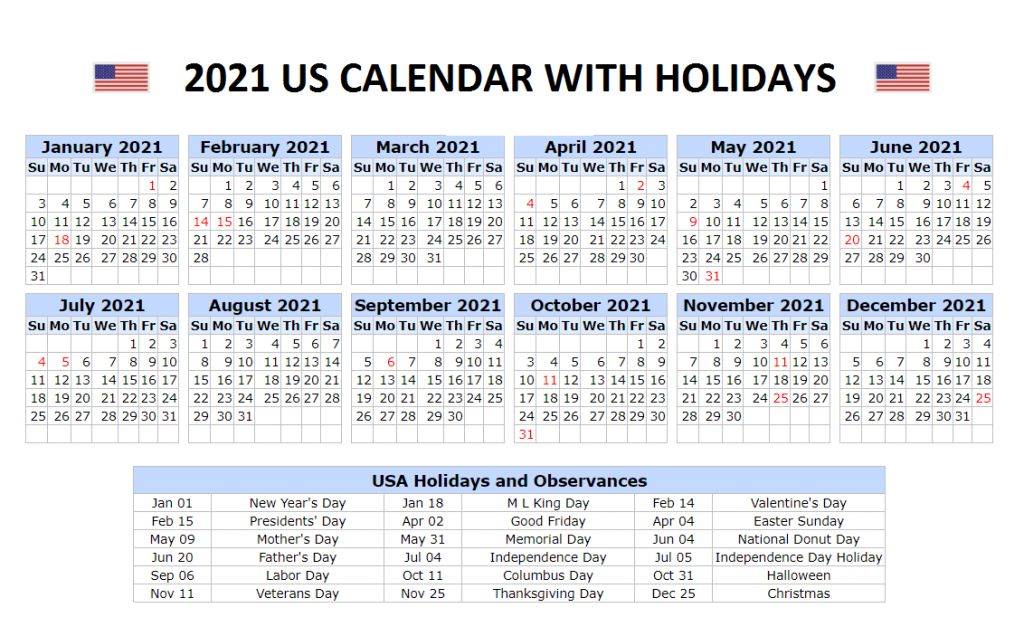 2021 USA Calendar with Holidays