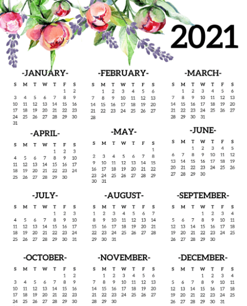 monthly january to december calendar 2021