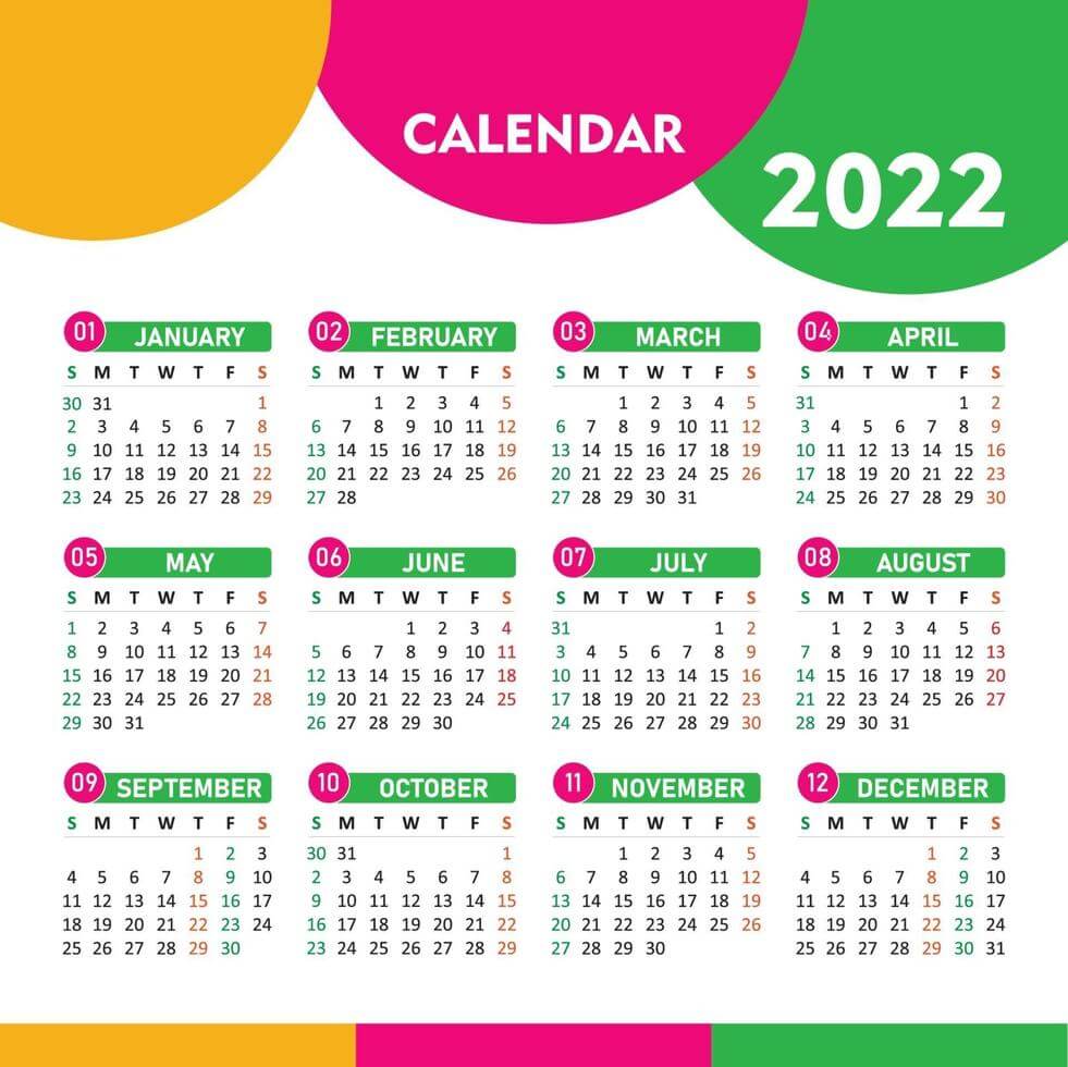 12 month colorful calendar in one page 2022