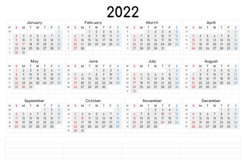 2022 Printable Calendar week numbers yearly