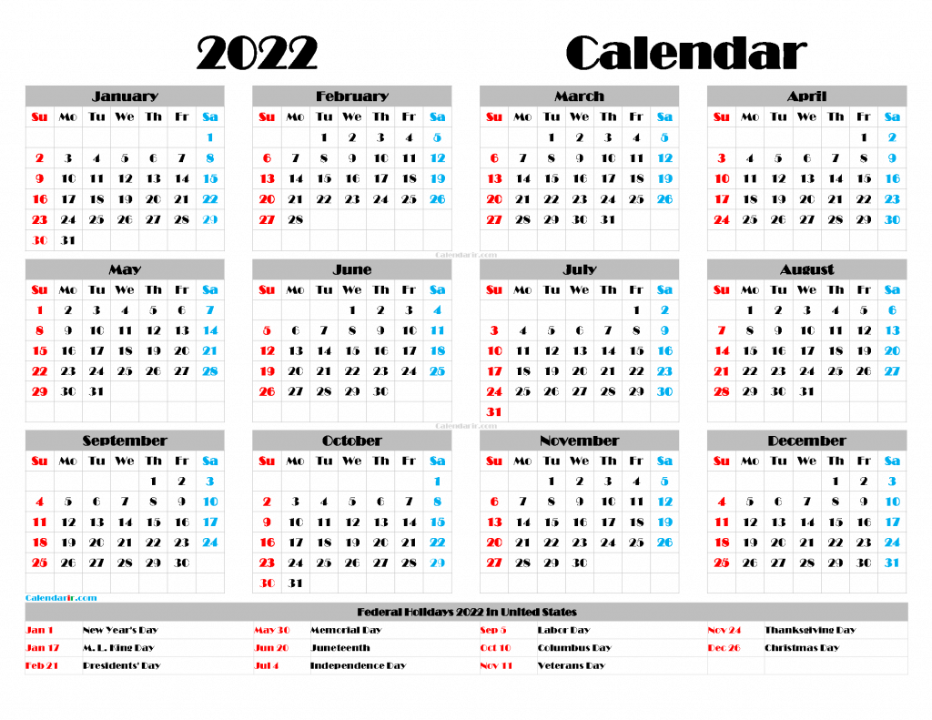 Free printable 2022 calendar with holidays