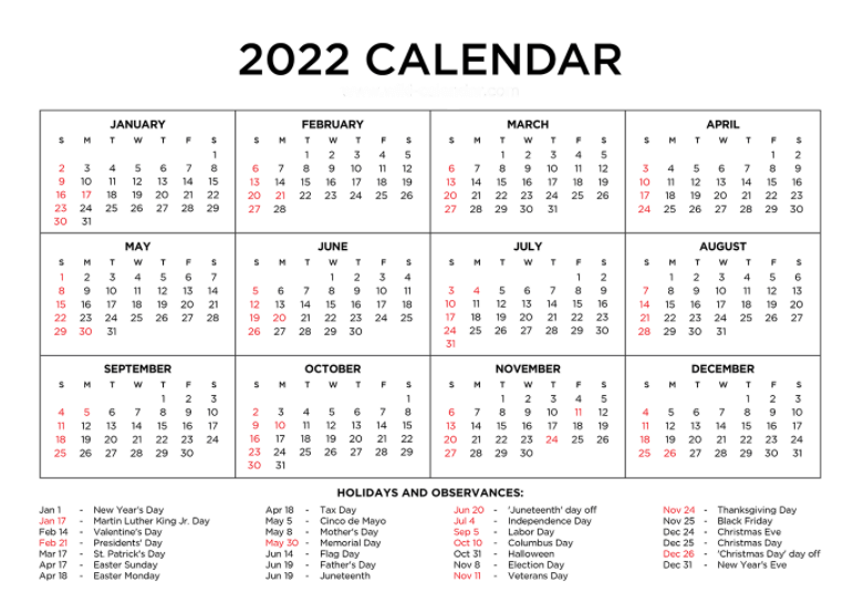 Print 2022 Calendar free