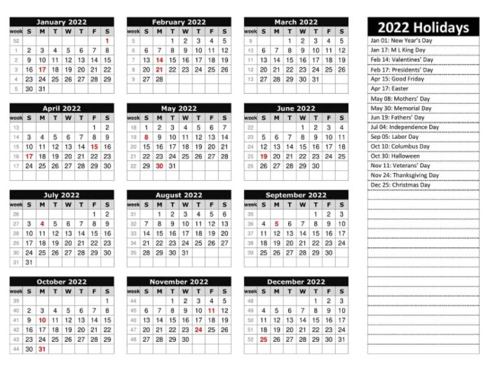 Printable 2022 Year Calendar with Holidays