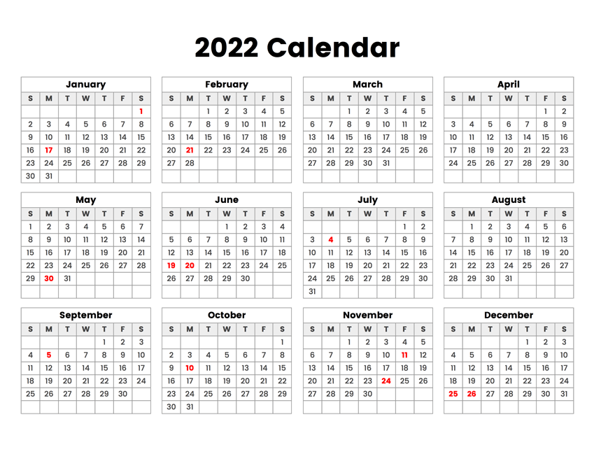 Printable Calendar 2022 Templates