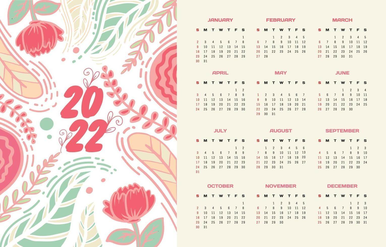 printable calendar 2022 floral template